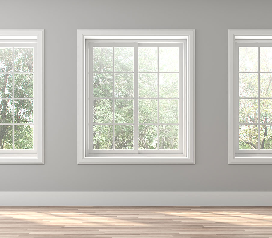 Grey room with three windows